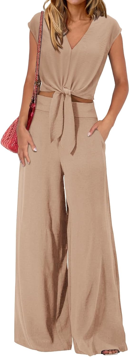 dowerme Womens Summer 2 Piece Outfits Cap Sleeve Strappy Crop Top Wide Leg Pant Sets Casual Tracksuit Lounge Wear 2025