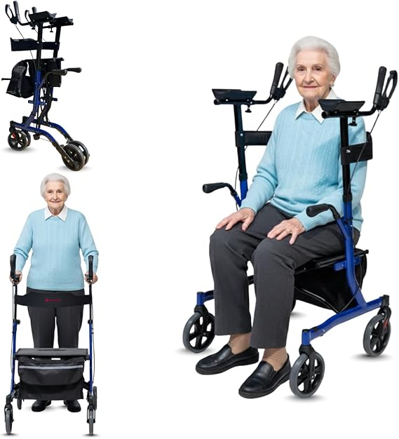 Compact All Terrain Rollator Walker with Seat - Foldable Lightweight Outdoor Rollator Walker w/ 8" Non-Pneumatic Tire Front Wheels & Ergonomic Seat (Blue)