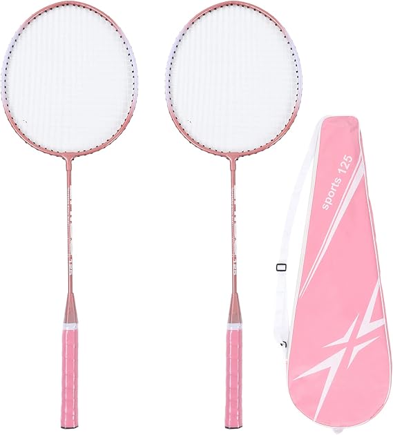 Wakects Badminton Racket Sport Set of 2 Badminton Rackets Separate Iron Alloy Badminton Racket with Anti-Slip Handle and Racket Bag for Beginners Pink ZB125