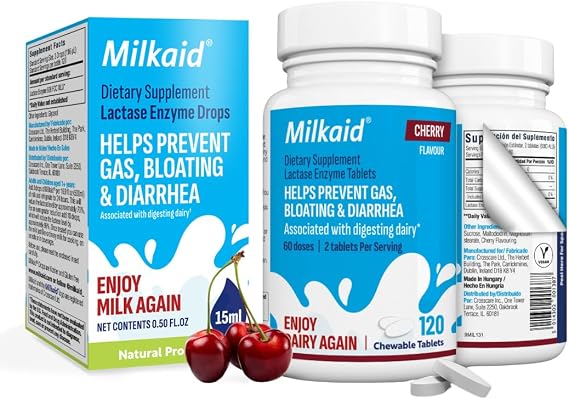 Milkaid Lactase Enzyme Drops & Lactase Chewable Tablets Cherry Flavored | Lactase Drops for Cooking | Lactose Intolerance