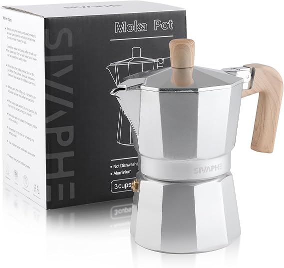 Sivaphe Stovetop Coffee Maker 150ml/3 Cups, Aluminium Moka Pot Italian Espresso Maker with Heat-Resistant Handle, Sliver