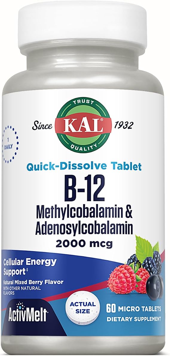 KAL Vitamin B12 Methylcobalamin and Adenosylcobalamin 2000 mcg ActivMelt, B12 Energy Supplements, Metabolism, Nerve, Red Blood Cell Support, High Absorption, Natural Berry, 60 Serv, 60 Micro Tablets