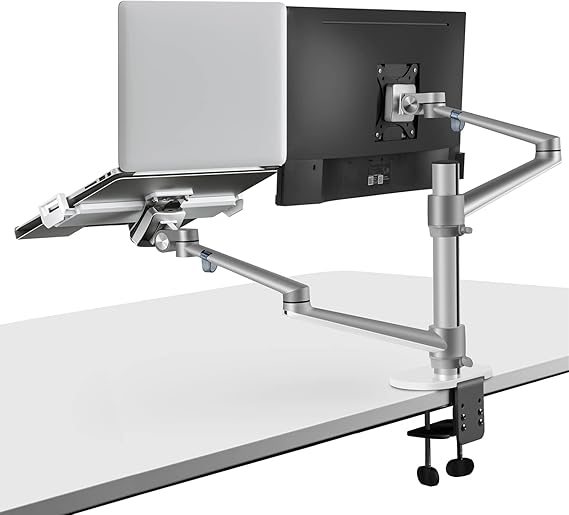 Viozon Monitor and Laptop Mount, 2-in-1 Adjustable Dual Arm Desk Mounts Single Desk Arm Stand/Holder for 17 to 32 Inch LCD Computer Screens, Extra Tray Fits 12 to 17 inch Laptops (Silver)