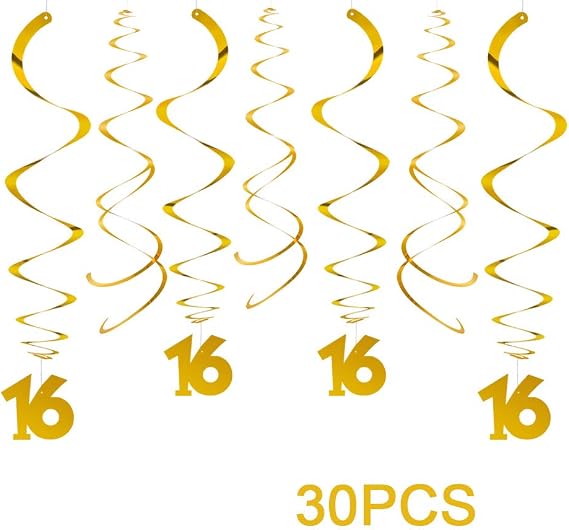 Party Swirl Decorations, Gold 16th Birthday Swirl Decoration, 16th Anniversary Ceiling Hanging Party Swirl Decoration, Pack of 30