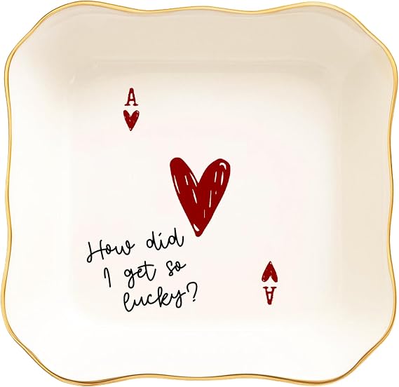 Funny Love Jewelry Dish with Heart Playing Card How Did I Get So Lucky? Romantic Trinket Dish for Couples Cute Anniversary, Valentines Day, Wedding Gift for Wife, Husband, Girlfriend, Boyfriend