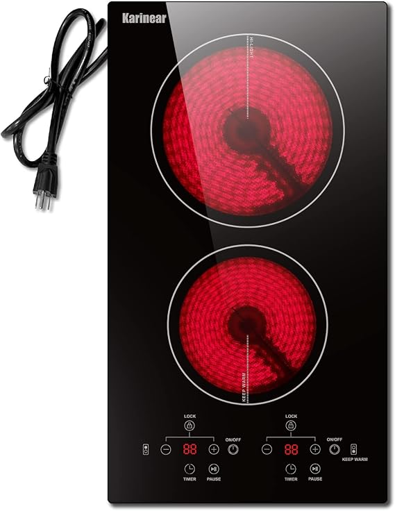 Karinear 2 Burners Electric Cooktop, 110v Plug in Ceramic Cooktop, 12 Inch