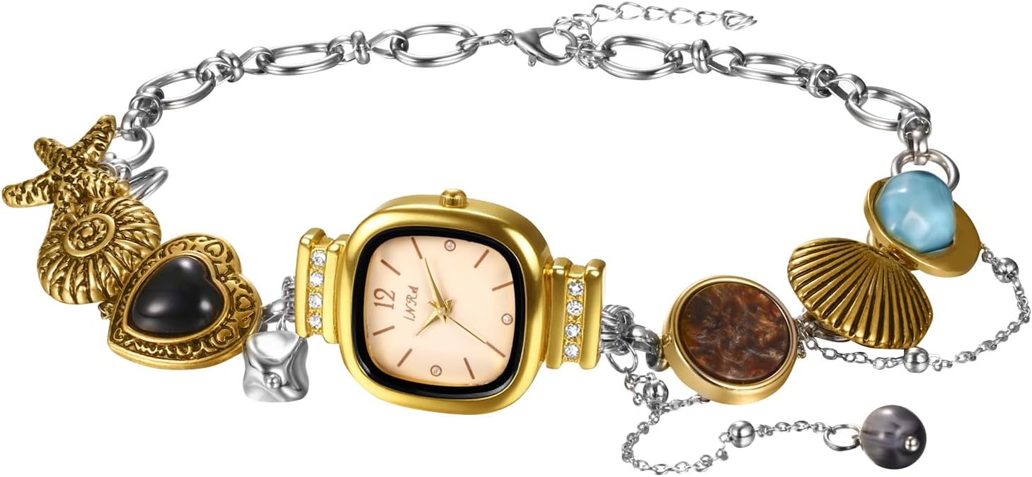 JewelryWe Women's Ocean Necklace Watch: Square Dial with Seashell Starfish Imitation Gems Charms Gold Silver Two-Tone Stainless Steel Adjustable Chain Analog Quartz Watches for Summer Beach Party Daily Office