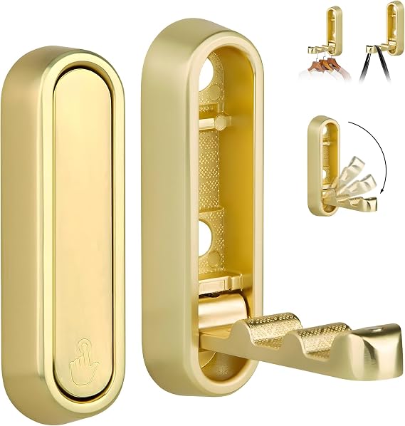 4 Pcs Foldable Wall Hook,Folding Hooks Heavy Duty,Gold Coat Hooks,Fold Down Wall Hook of Zinc Alloy,Brass Flip Down Hooks for Walls Hanging Coat, Folding Closet Hanger for Bag, Towel, Key