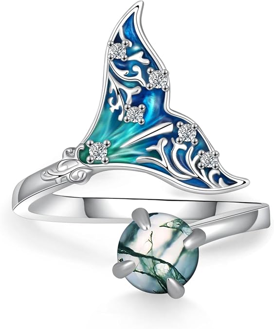 Mermaid Ring 925 Sterling Silver Mermaid Tail Ring for Women Moonstone/Moss Agate Mermaid Jewelry Gifts for Women