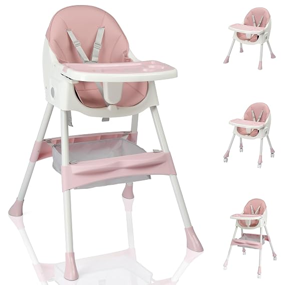 Ktaxon Foldable Baby High Chair, 3-in-1 Portable Toddler Highchair, Pink | Convertible High Chairs with 5-Point Safety Harness, Easy to Clean Tray, Storage Bag, For Babies & Toddlers, Home Travel