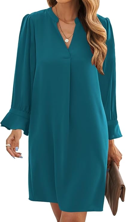 Wkior Fall Dresses for Women Cute V Neck Loose Cute Casual Long Sleeve Shift Dress Indigo M