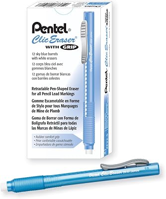 Pentel Clic Eraser Grip, Retractable Eraser, Sky Blue Barrel, Box of 12 ZE22S
