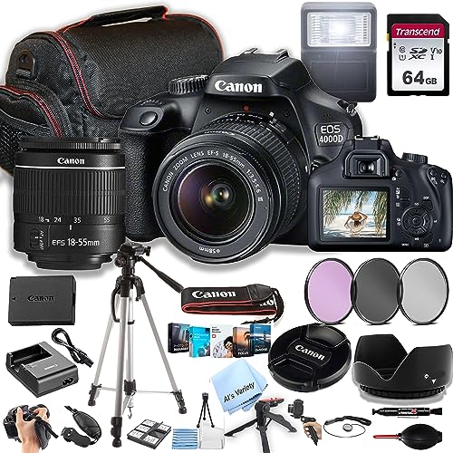 Canon EOS 4000D  Rebel T100 DSLR Camera wEF-S 18-55mm F3.5-5.6 Zoom Lens  64GB Memory, Filters,Case, Tripod, Flash, and More 34pc Bundle