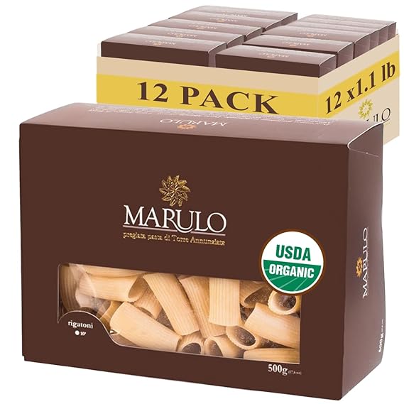 Marulo Organic Italian Rigatoni Pasta, USDA Organic, (12 Pack x 1.1 lb) | Traditional Bronze-Die Artisan Pasta, Product of Campania, Italy