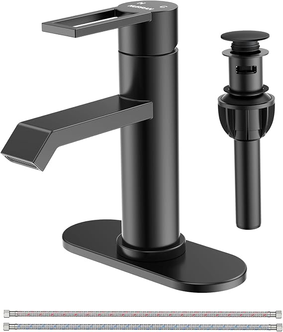 Bathroom Faucets for 1 Hole or 3 Holes, HURRAN Matte Black Vanity Faucet Stainless Steel Single Handle Bathroom Sink Faucet with Deck Plate & Pop-up Drain, Modern Basin Faucets for Restroom RV Sink