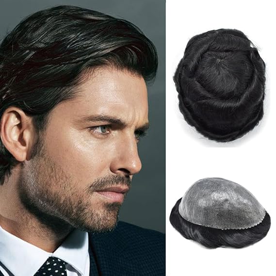 Hair System for Men Hairpiece Injected Poly Skin Hair System Replacement Mens Toupee Hair Piece Unit for Men Protesis Capilar Para Hombre 8X10#1 Jet Black