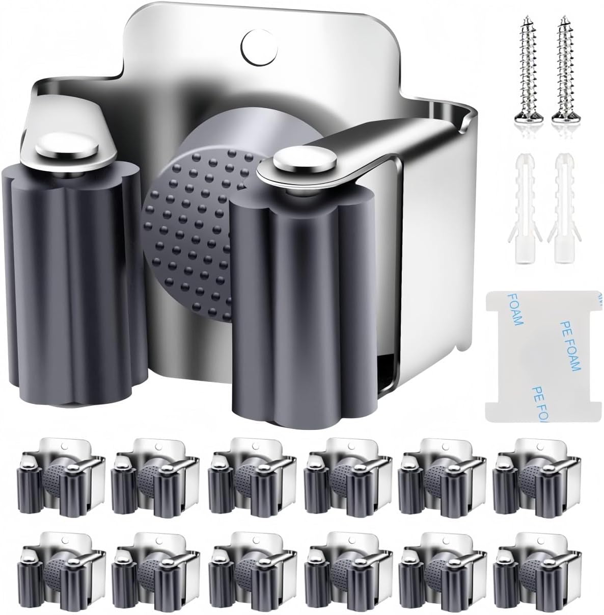 KAHEIGN 12-Piece Tool Holder Set Broom Holder Wall Garden Tool Holder Broom Holder Wall Stainless Steel Wall Mount for Mop Broom Shovel Garden Tools Tool Holder Home Garden