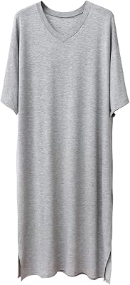 ASHER FASHION Mens Nightshirt Cotton Modal Nightgown V Neck Short Sleeve PJ Soft Long Sleepwear Loose Pajamas Sleep Shirt
