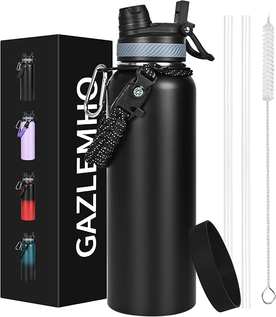 GAZLEMHO 40 oz Insulated Water Bottle with Straw& Spout 2-in-1 Lid, Triple Wall Vacuum Stainless Steel Cold 48H, Leak Proof Sports Metal Flask Jug with Paracord Handle, Black