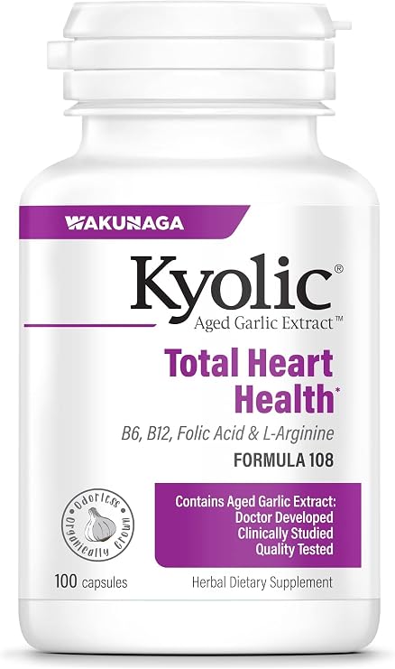 Kyolic Aged Garlic Extract Total Heart Health* Formula 108, 100 Capsules | Total Heart Health Supplement for Cardiovascular Wellness*, Circulation Support*, Bioavailable Aged Garlic Extract Supplement