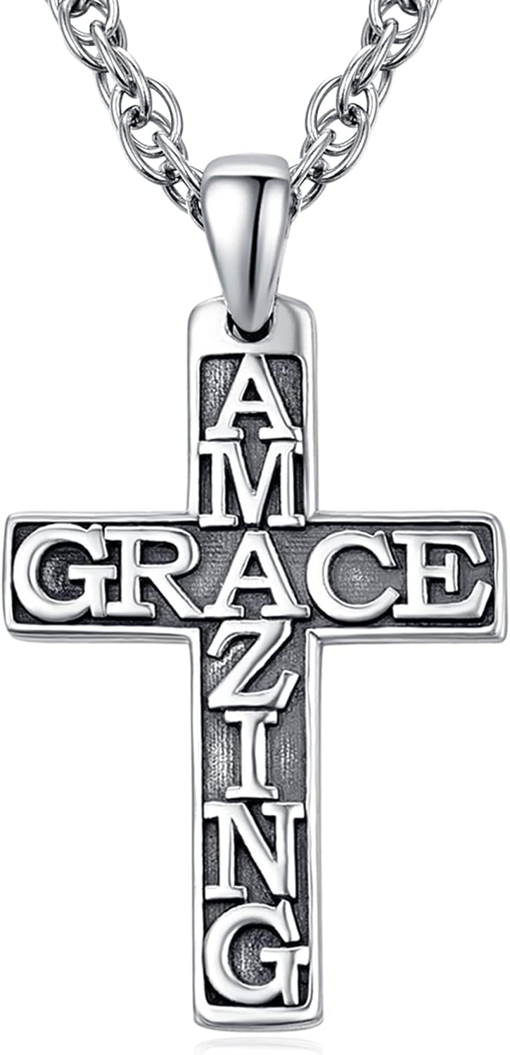 PRAYMOS Amazing Grace Necklace 925 Sterling Silver Cross Necklace for Men Women Cross Pendant Christian Religious Confirmation Baptism Gifts