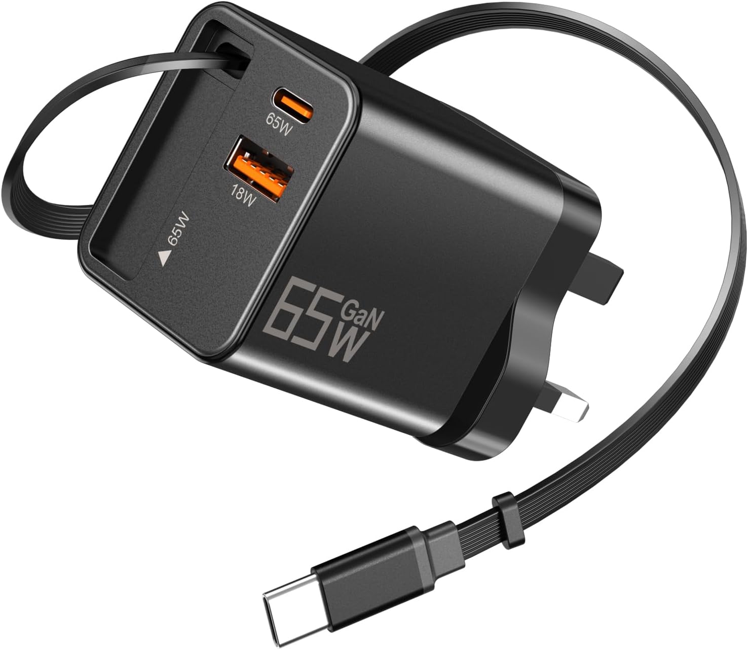 65W GaN USB C Charger with 0.7M Retractable Type-C Cable, 3-Port Fast Charging Travel Adapter for MacBook, iPhone 16-8, Galaxy S Series, iPad - Black
