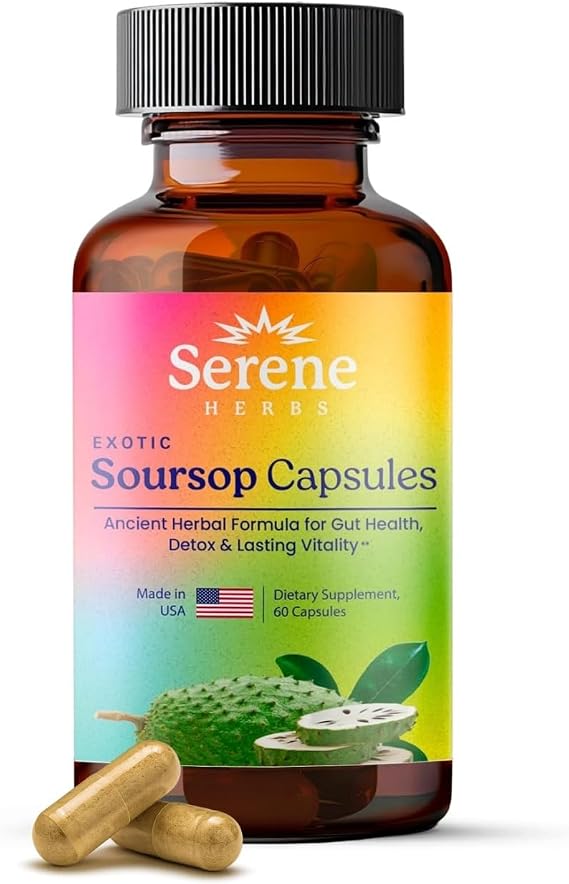Serene Herbs Graviola Soursop Capsules Organic - Guanabana Extract Pills with Black Seed, Irish Moss & Moringa - 16 Herb Daily Supplements & Digestive Support - Vegan, Non-GMO (Pack of 1)