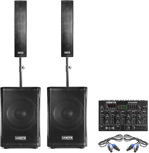 Vonyx VX1200 Column Array PA Speaker System with Active 12-Inch Subwoofers, Pole-Mounted Satellites and 8-Channel Bluetooth DJ Mixer, Complete DJ Speaker Kit for Events and Live Performance