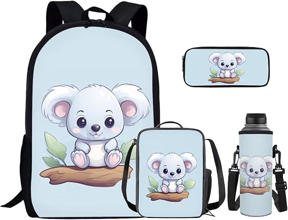 Cute Koala Backpack for Girls Boys Backpack with Lunch Box and Big Pencil Case 4 in 1 Large Bookbag for Middle School Boys Casual Daypack Backpacks Sturdy School Bag with Side Pocket