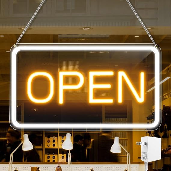 LED Open Sign for Business, Horizontal 16" x 9" Neon Open Sign, Super Bright Window & Storefront Sign, Yellow & White, COB LED Light Up Sign for Restaurant, Cafe, Bar, Salon, Retail Shop, ON/Off Switch & 12V Adapter