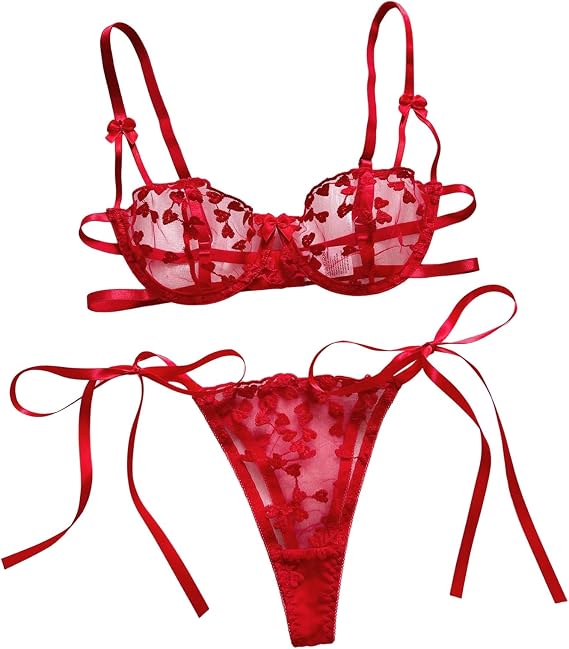 Heart Embroidery Lingerie Set Mesh Unlined Bra & Strappy Thong Women's Sexy Lingerie & Stocking Lingerie for