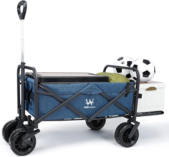 Whitsunday Collapsible Folding Garden Outdoor Park Utility Wagon Picnic Camping Cart with 8 Bearing Fat Wheel and Brake (Standard Size(Plus+) 8" Wheels with Tailgate (Blue)