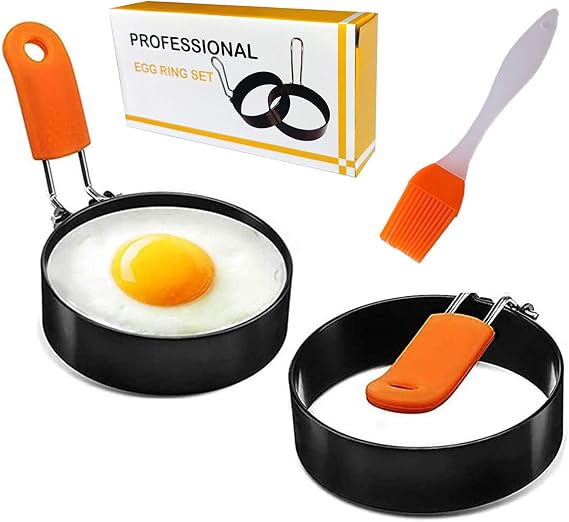 Egg Ring, Cozii 2 Pack Stainless Steel Egg Ring Molds with Anti-scald Handle and Oil Brush Non Stick Circles for Fried Egg McMuffin Sandwiches Frying, Breakfast Household Kitchen Cooking Tool Omelette