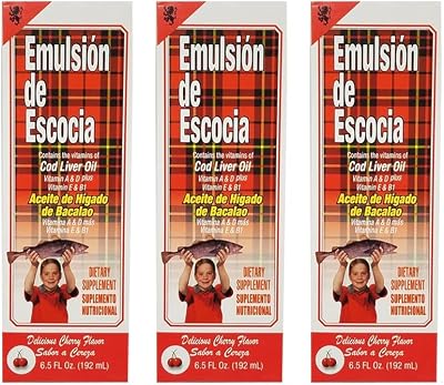 Emulsion de Escocia Cod Liver Oil Dietary Supplement. Rich in Vitamins A, D, E and B1. Cherry Flavoured. 6.5 Fl Oz  192 mL. Pack of 3