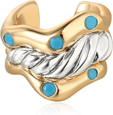 Ear Cuff Earrings for Women 14K Gold Plated Created Turquoise Cubic Zirconia Sparkling Boho Hollow Huggie Ear Cuffs Non Piercing | Clip On Cartilage | Single