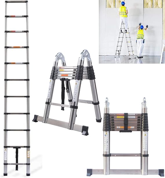 3.8M Telescopic Ladder Extension Ladder with Stabilizer Bar, 1.9m+1.9m A-Frame DIY Multi Purpose Ladder, Extendable Loft Ladder Collapsible Ladder Portable Folding Step Ladder, Max Load 150kg, EN131