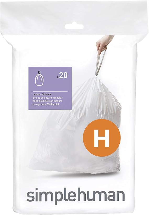 simplehuman Code H Custom Fit Drawstring Trash Bags in Dispenser Packs, 20 Count, 30-35 Liter / 8-9 Gallon, White