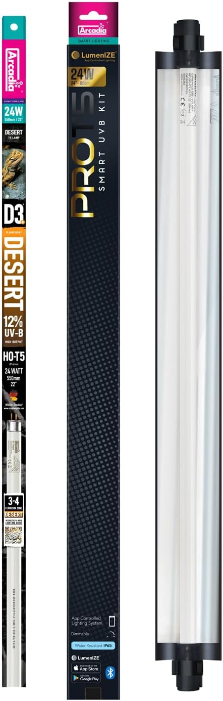 Arcadia LumenIZE ProT5 Reptile Light Fixture Kit 24" Long 24 Watts 12% UVB Desert Smart UVB Light for Reptiles, Turtles, Snake, Bearded Dragon Lamp, Long Lasting Easy to Use Professional Lighting
