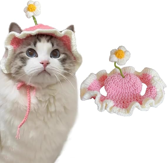 Cute Knit Cat Hat,Handmade Crochet Dog Hat Halloween Christmas Party Costume Headwear for Puppy Cat Kitten Pet Puppies (Pink, Small)