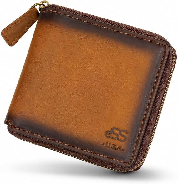 ESS Mens Zipper Wallet Handmade Teak Leather Bifold Credit Card Holder | Zipper Closure with Zip Coin Pocket Compact Minimalist Wallet Multiple Credit Card Slots Size (4.25" x 3.50")