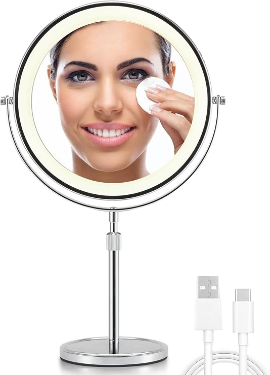 OMIRO 1X/10X Magnifying Makeup Mirror with Lights 21 cm Double-Sided Swivel Cosmetic Mirror with Height-Adjustable Stand (Silver)