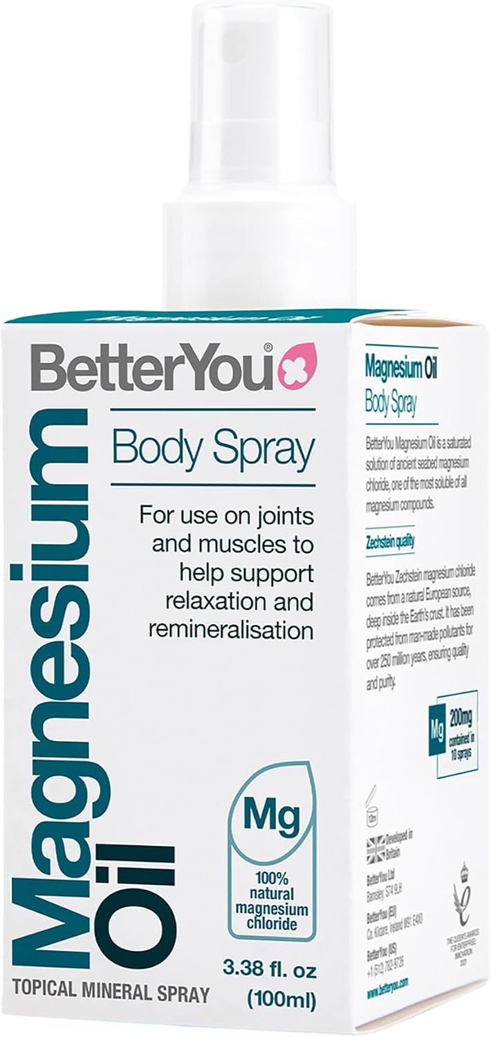 BetterYou Magnesium Supplement, High Strength Magnesium Oil Spray | Natural Vegan Magnesium Chloride Liquid for Sleep, Muscle Recovery Use for Feet and Legs, 600 Sprays, Made in UK