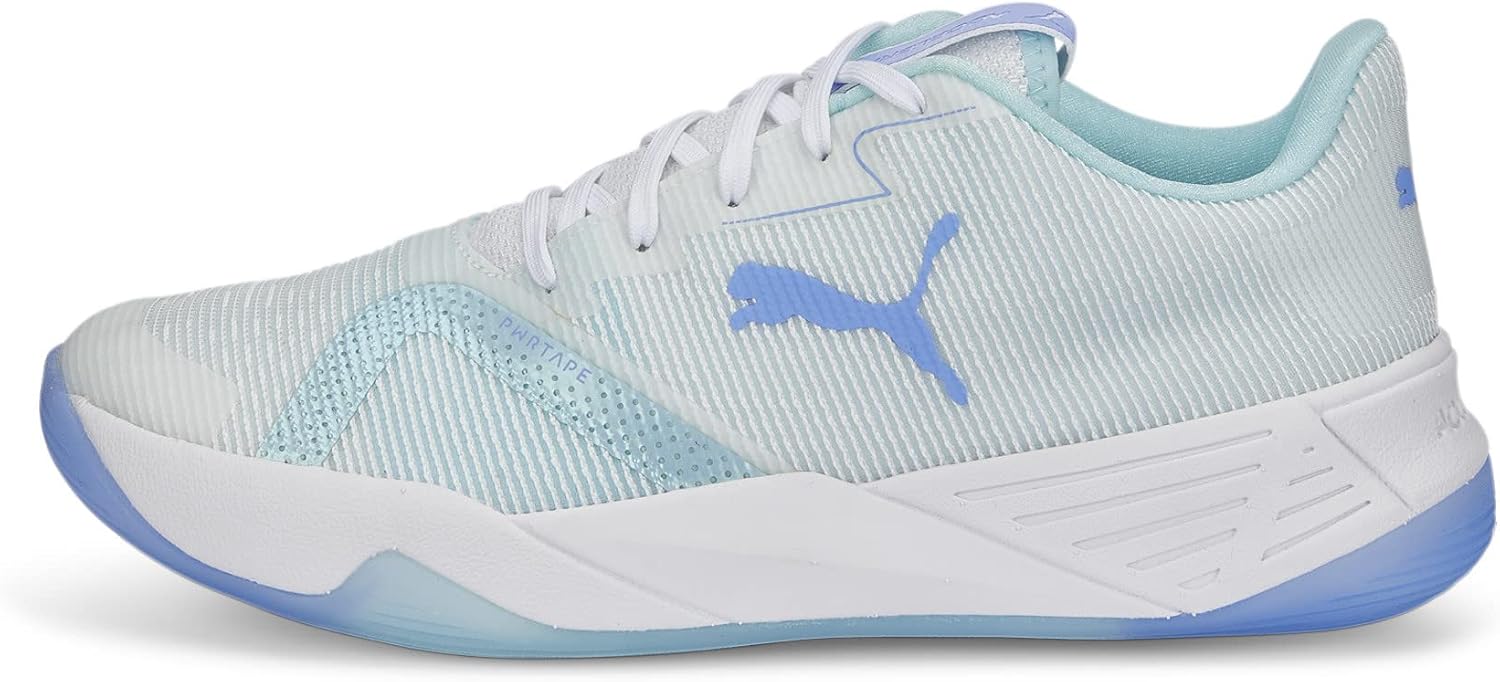 PUMA Unisexs Accelerate Turbo Nitro Ii W Indoor Court Shoe, Puma White Elektro Purple Light Aqua, 7.5 us