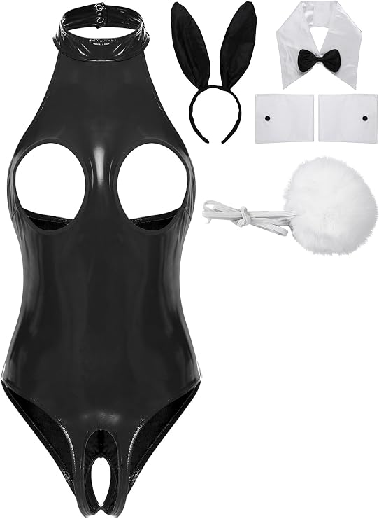 Women's Sexy Bunny Girl Cosplay Costume Wetlook Cutout Bodysuit Naughty Rabbit Lingerie Set