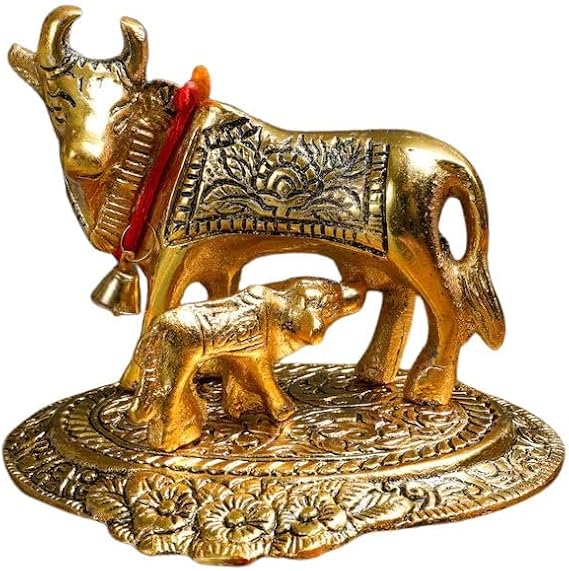 Desi Favors Kamadhenu and Calf Idol | Gold Mini Kamadhenu Cow | Indian Hindu Lord Manthan Figurine for Car Dashboard, Temple & Home Decor Diwali Pooja Wedding Gifts, 4.3x3.34 Inch (Pack of 1)