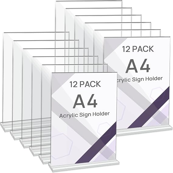 A4 Acrylic Sign Holder, 12 Pcs, T-Shaped, Double-Sided