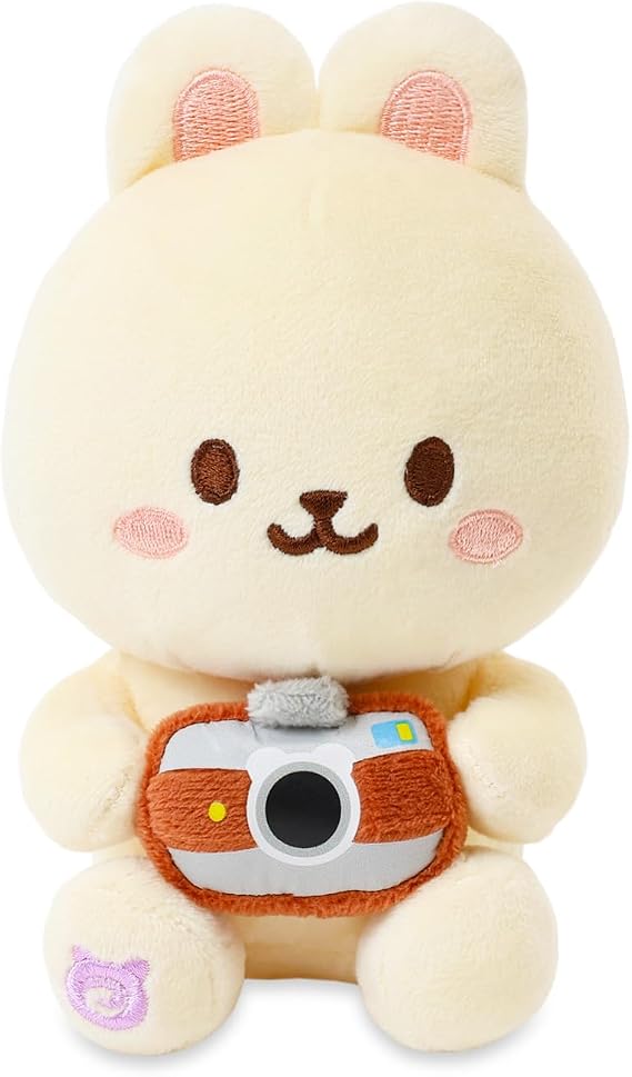 Anirollz Bunniroll Sitting Plush, Kawaii Rabbit Bunny Holding Camera, 6" | Small soft sitting plush holding a camera; desk display, bedroom decor, birthday gift for kids and women.