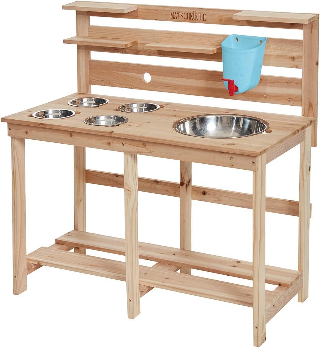 Childrens Outdoor Wooden Mud Kitchen with Water Tank Passage Garden Hose & 5 Stainless Steel Bowls Solid Childrens Mud Kitchen Outdoor Sustainable for Children from 3 Years