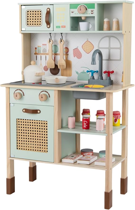COSTWAY Kids Play Kitchen, Wooden Pretend Toy Kitchen Playset with Rear Blackboard, Stoves, Faucet, Accessories, Lights & Sounds, Dual-Sided Children's Chef Role Play Set for 3+ Years Old Boys Girls