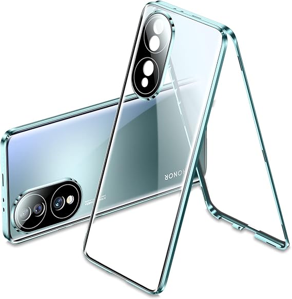 QUIETIP Case Compatible with Honor 70,Magnetic Metal Frame Double Sided Tempered Glass Clear Cases Shockproof with Camera Protection Cover,Green